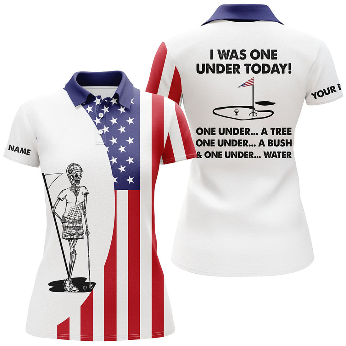 Custom Golf Skull American Flag I Was One Under Women's Polo Shirts S-5XL