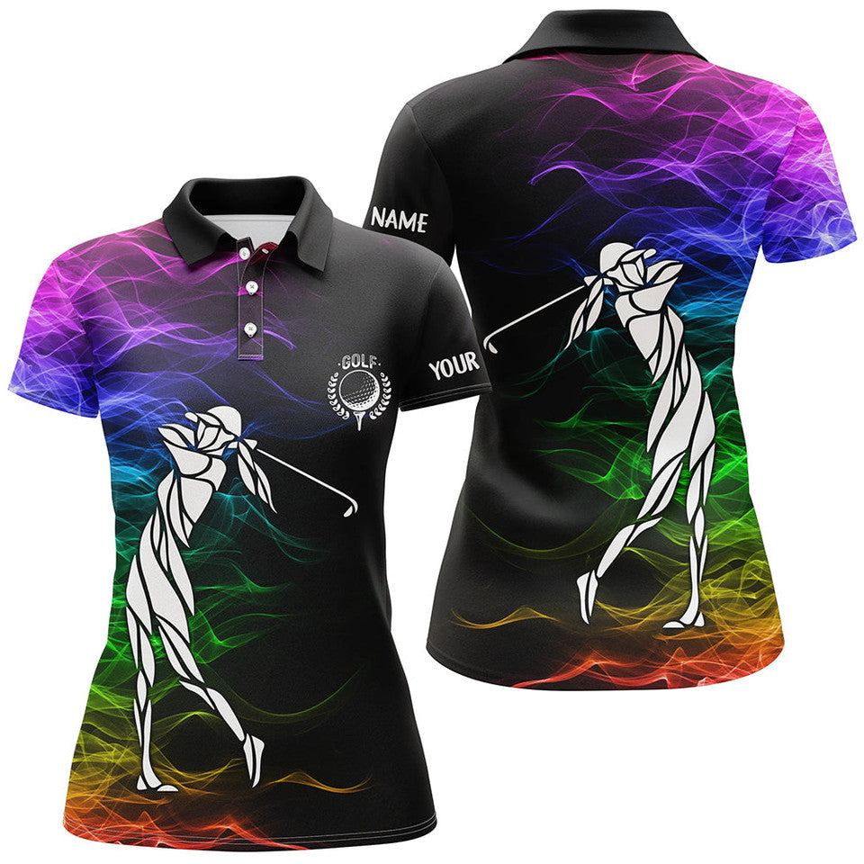 Custom Name Colorful Rainbow Smoke Pattern Black Golf Top Women's Polo Shirts S-5XL