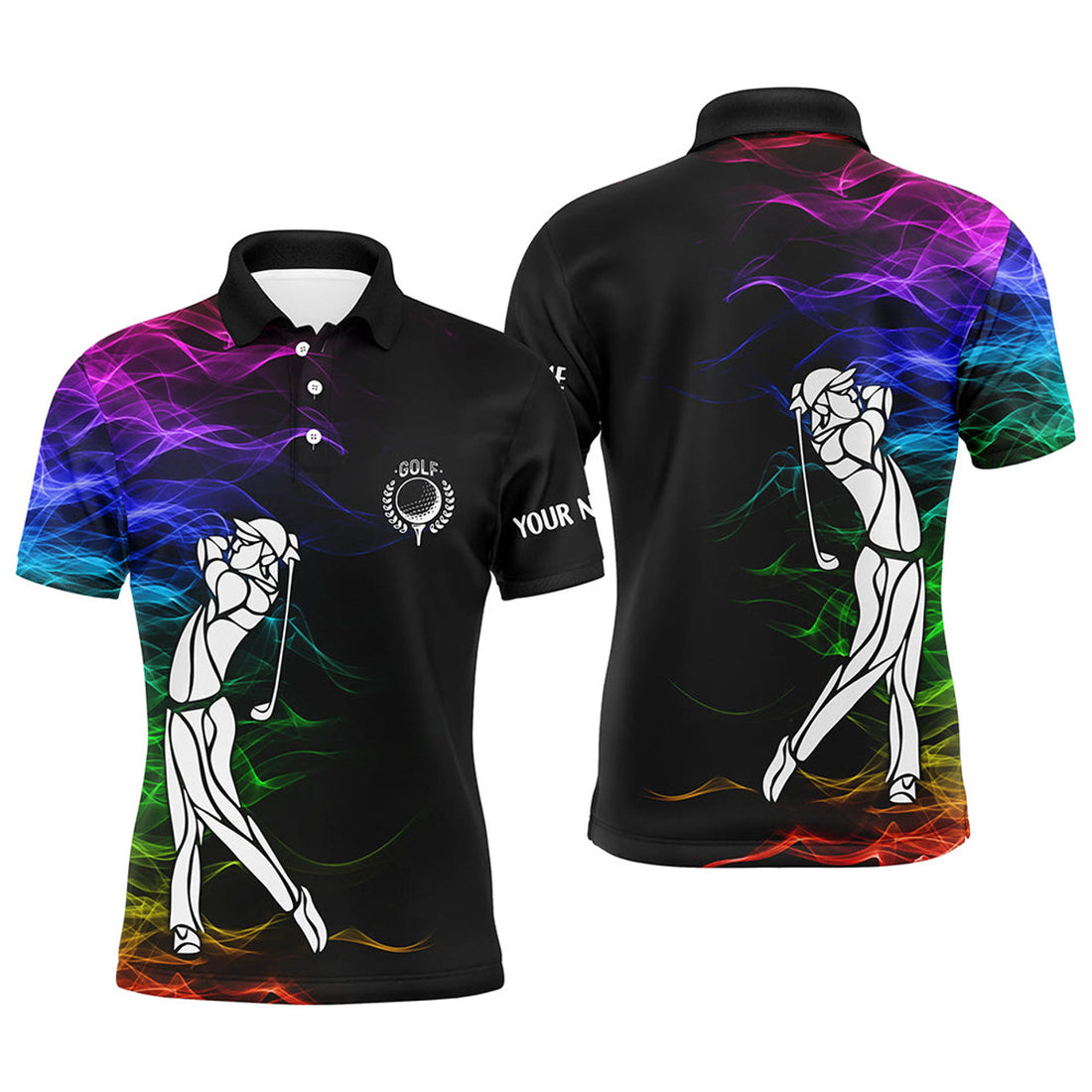 Custom Colorful Rainbow Smoke Pattern Black Golf Men's Polo Shirt S-5XL