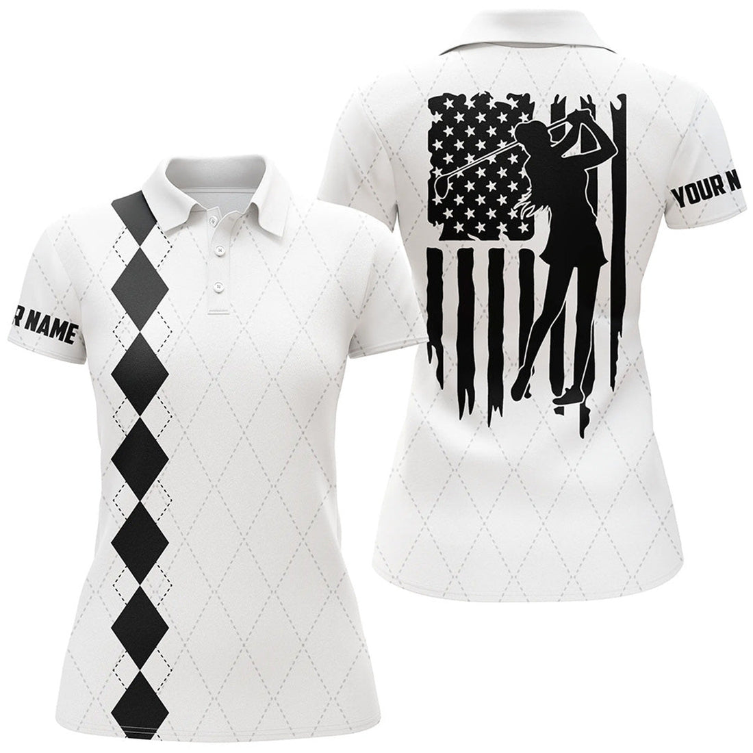 Custom Black White American Flag Patriotic Golf Women's Polo Shirts S-5XL