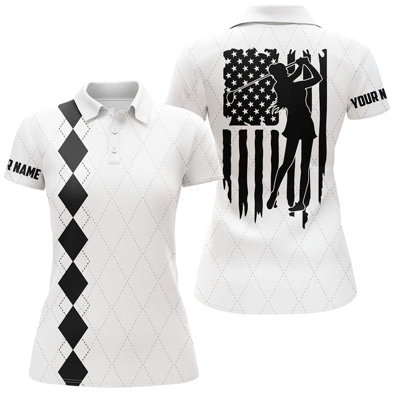 Custom Black White American Flag Patriotic Golf Women's Polo Shirts S-5XL