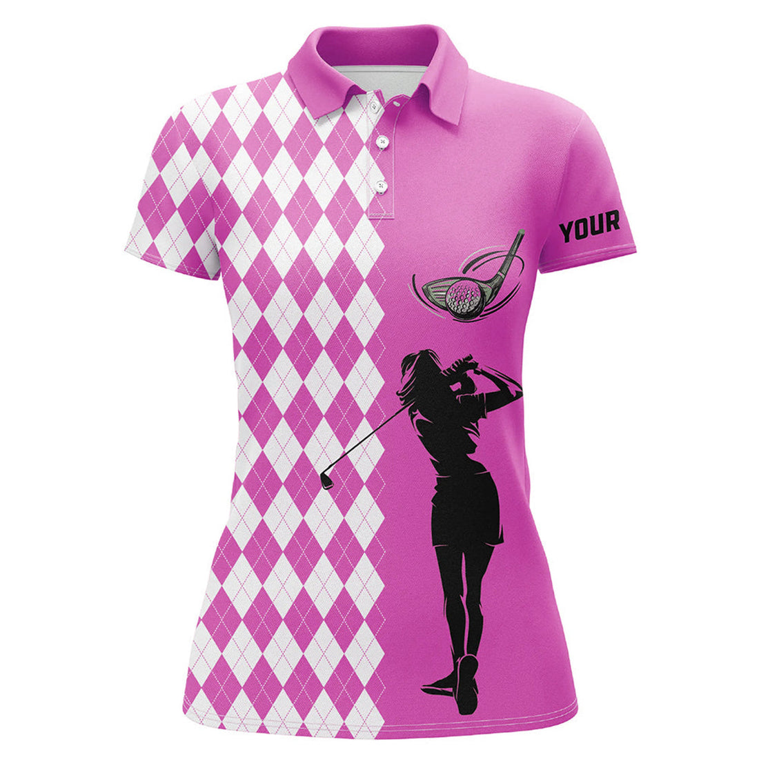 Custom Name Pink Argyle Plaid Golf Apparel White Design Women's Polo Shirts S-5XL