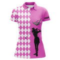 Custom Name Pink Argyle Plaid Golf Apparel White Design Women's Polo Shirts S-5XL