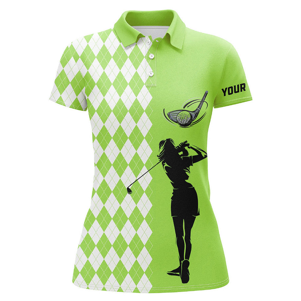 Custom Green Argyle Plaid Golf Shirt for White Design Women's Polo Shirts S-5XL