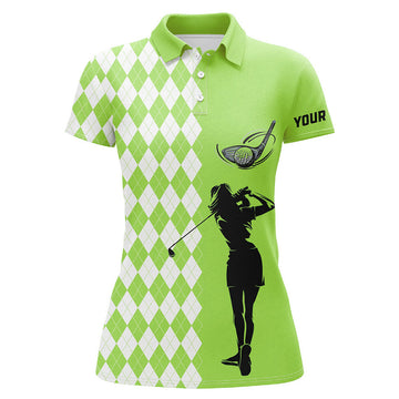 Custom Green Argyle Plaid Golf Shirt for White Design Women's Polo Shirts S-5XL