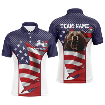 American Flag Bowling Bear Graphic Short Sleeve Men's Polo Shirt S-5XL