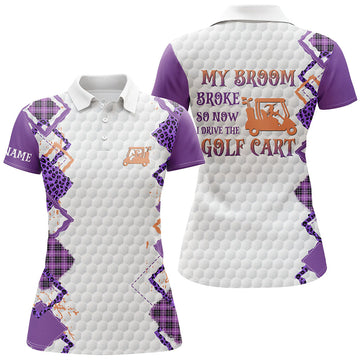 Custom Halloween Leopard My Broom Broke Golf Cart Driver Women's Polo Shirts S-5XL
