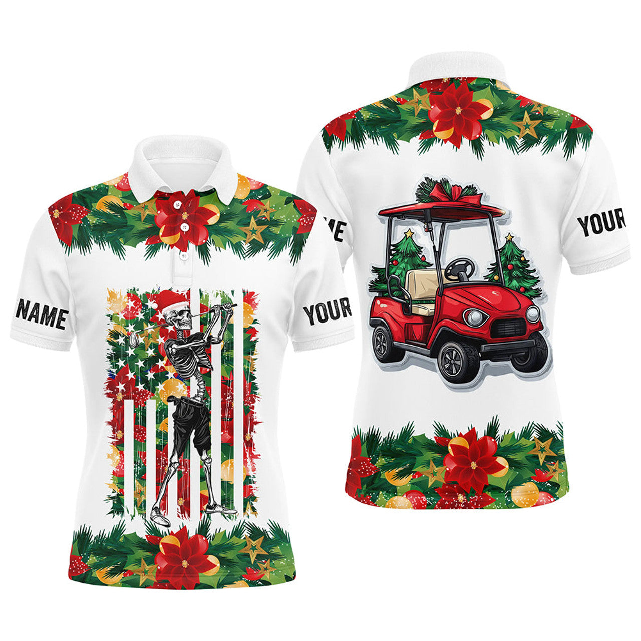 Christmas Skull Golf Cart American Flag Custom Men's Polo Shirt S-5XL