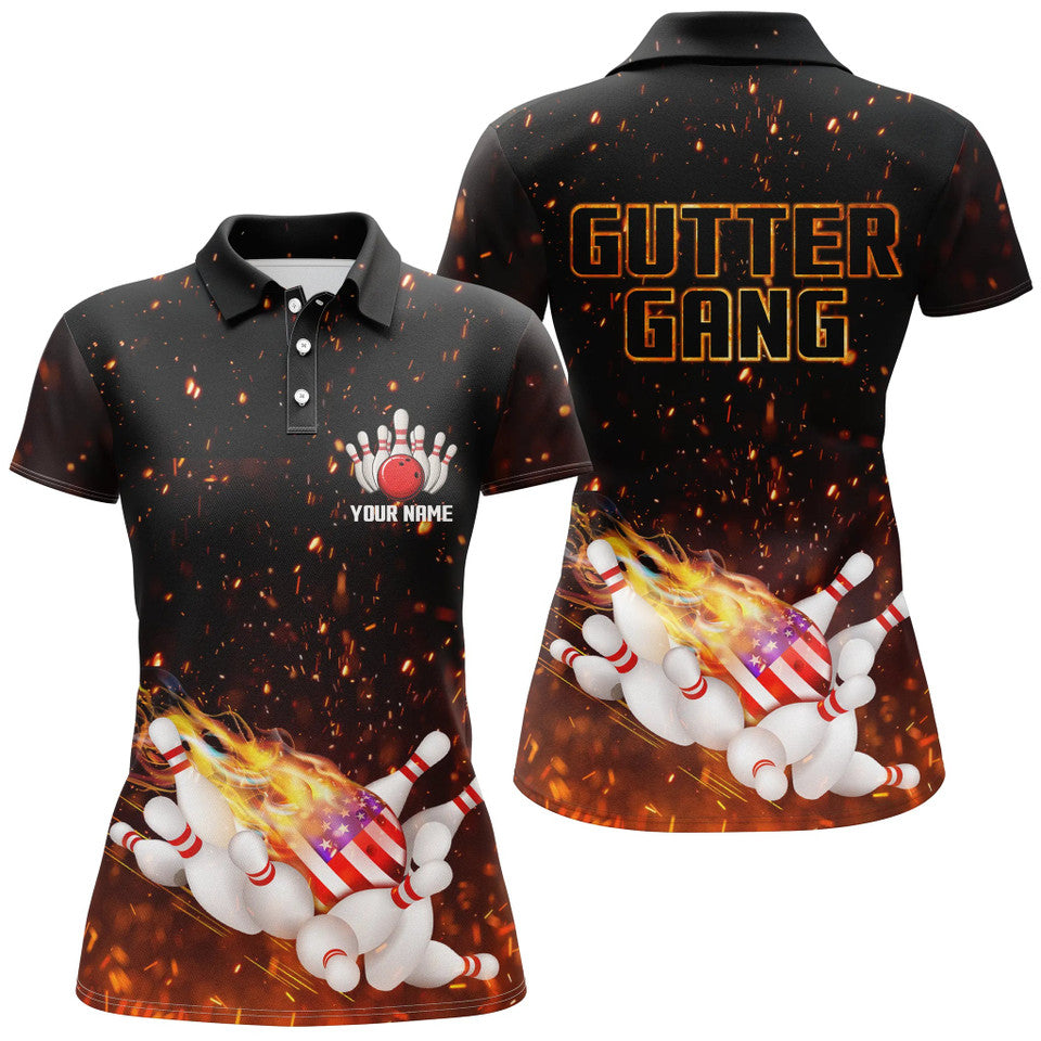 Custom Name Flame American Flag Bowling Shirt Gutter Gang Women's Polo Shirts S-5XL