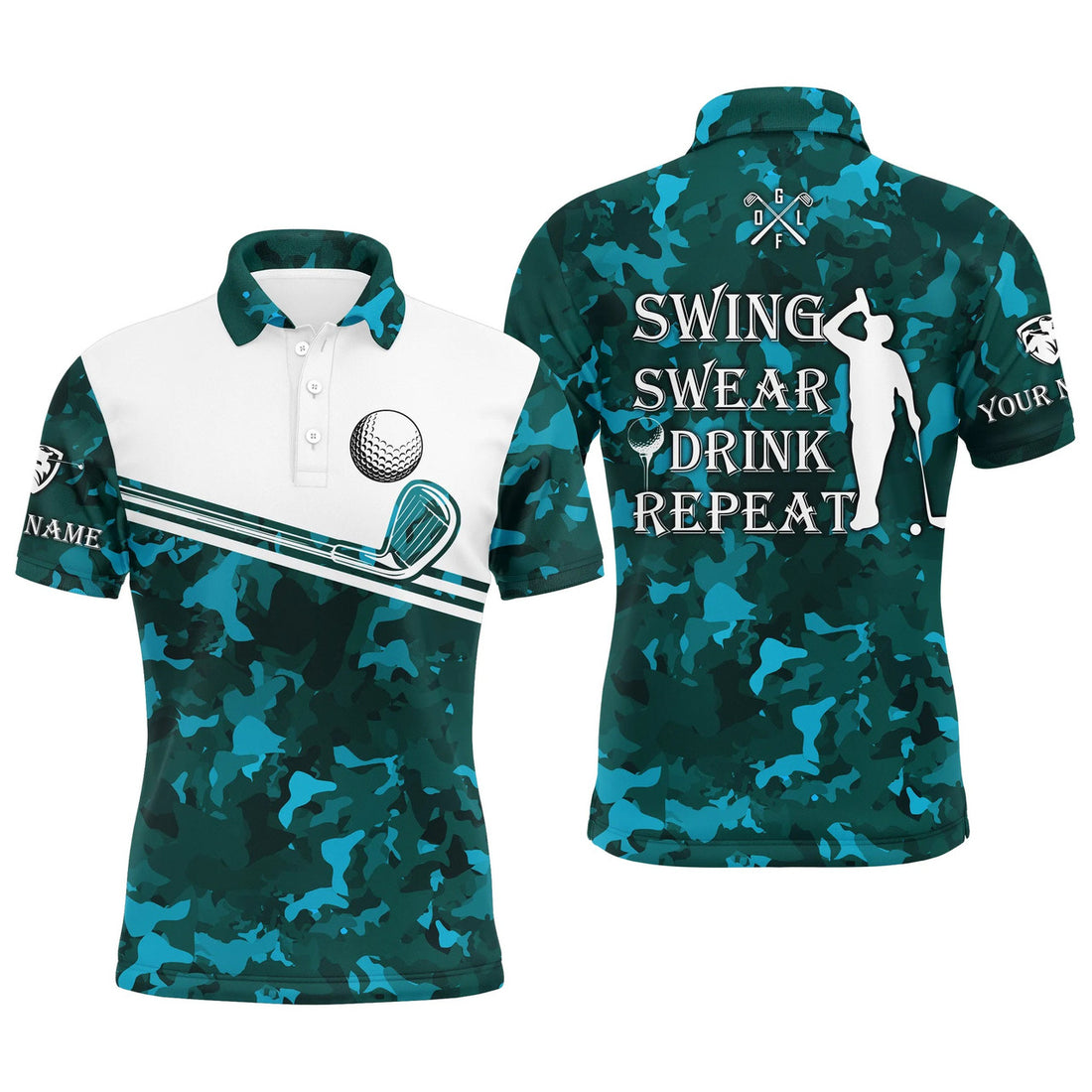 Custom Men's Golf Polo Shirt Teal Blue Camo White Swing Sweat Drink Repeat S-5XL