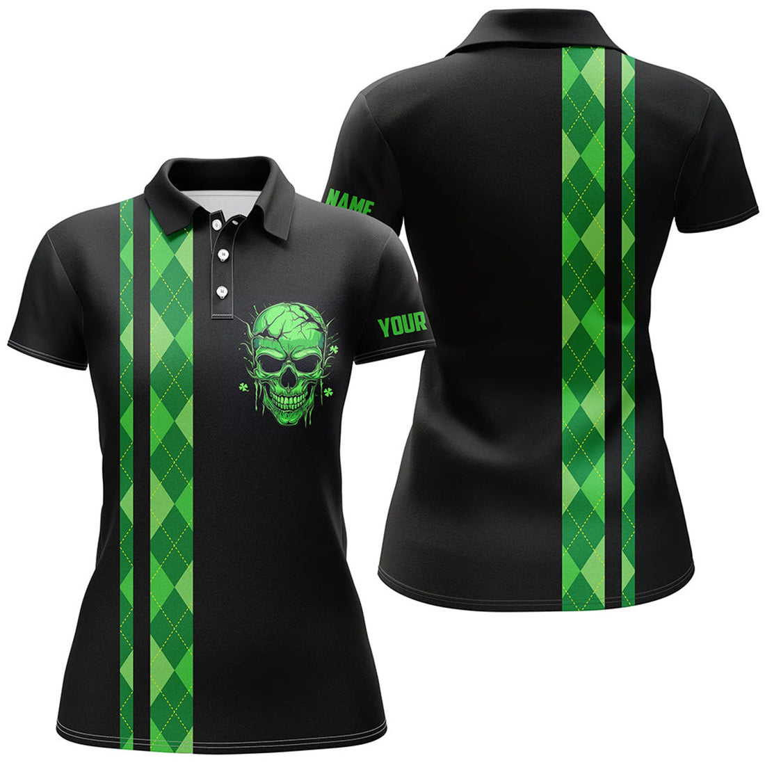 Custom Green Argyle Skull Golf Shirt Black Personalized Women's Polo Shirts S-5XL