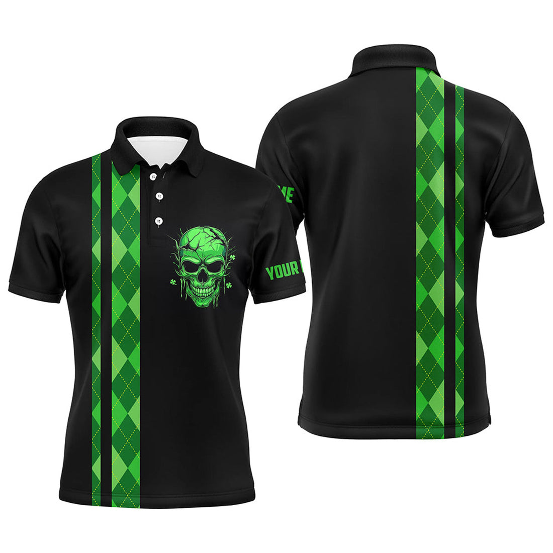 Custom Green Argyle Plaid Skull Golf Apparel Men's Polo Shirt S-5XL