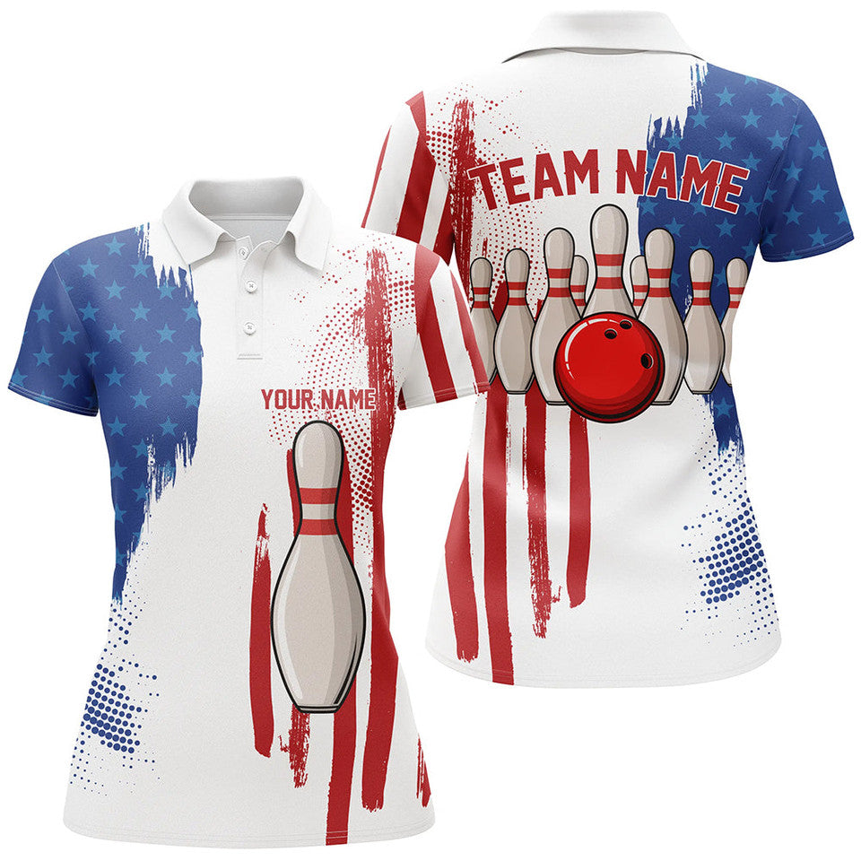 Custom American Flag Red White Blue Bowling Team Shirt Women's Polo Shirts S-5XL