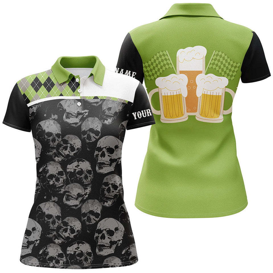 Custom Black Skull Argyle Plaid Green Golf Top Women's Polo Shirts S-5XL