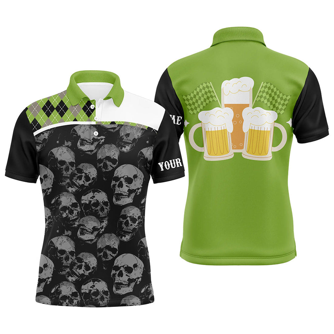 Custom Black Skull Golf Polo Shirts for Men Green Men's Polo Shirt S-5XL