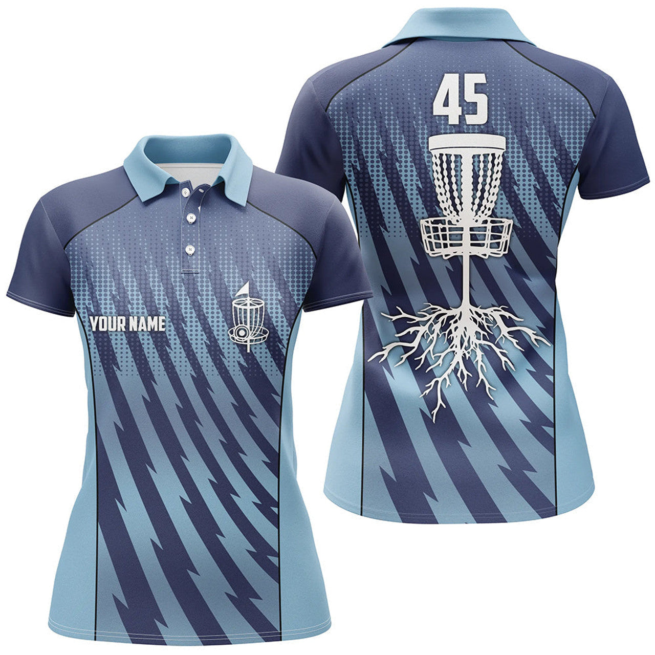 Custom Name Blue Camo Disc Golf Shirt With Basket Design Women's Polo Shirts S-5XL