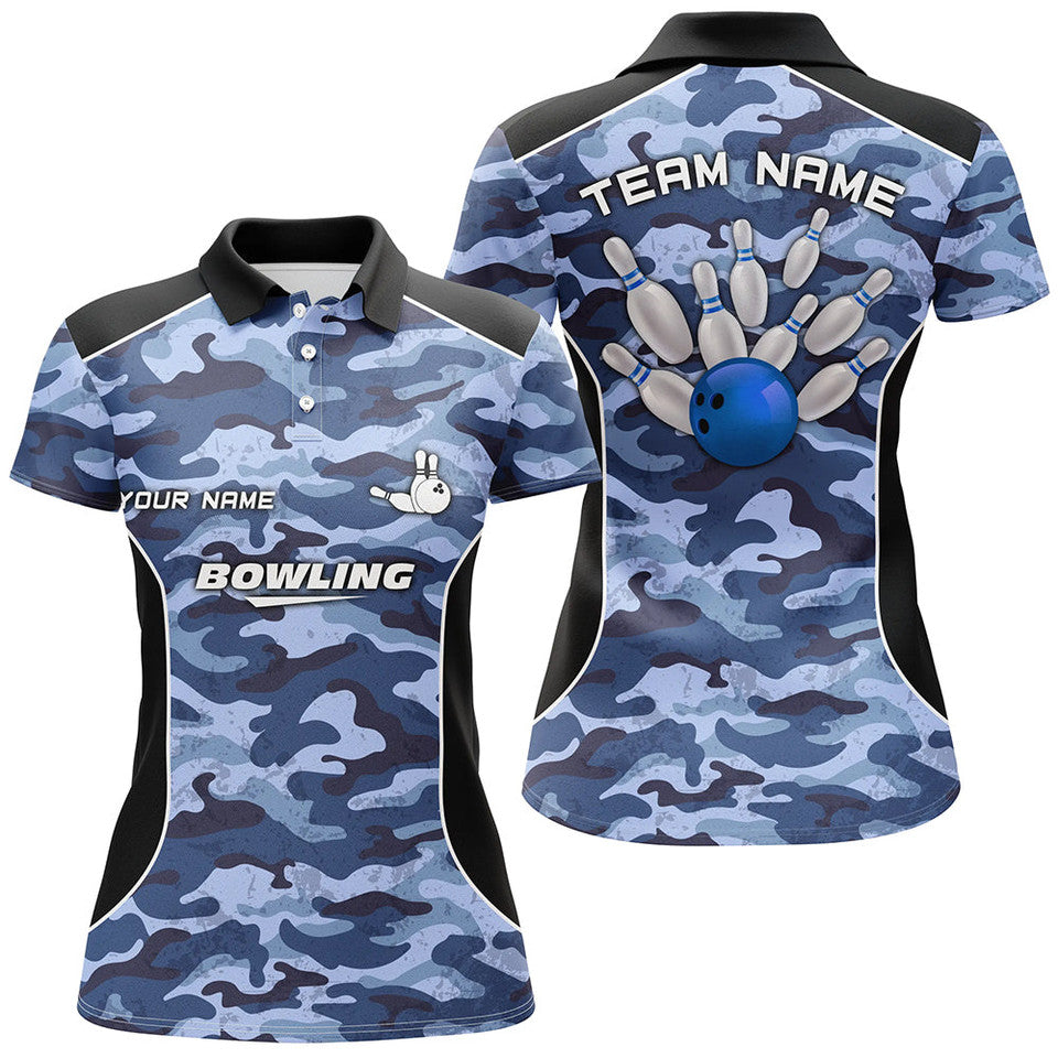 Custom Bowling Ball and Pins Blue Camo Team Shirt for Women's Polo Shirts S-5XL
