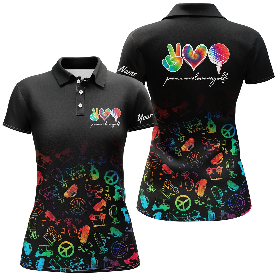 Custom Name Peace Love Golf Shirt Black Watercolor Women's Polo Shirts S-5XL