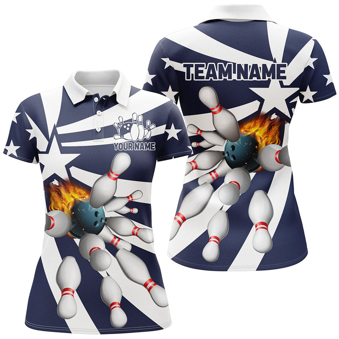 Custom Blue White Bowling Shirt Flame Star Team League Women's Polo Shirts S-5XL