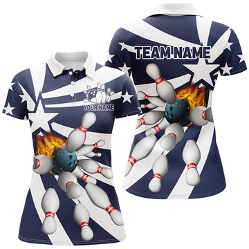 Custom Blue White Bowling Shirt Flame Star Team League Women's Polo Shirts S-5XL