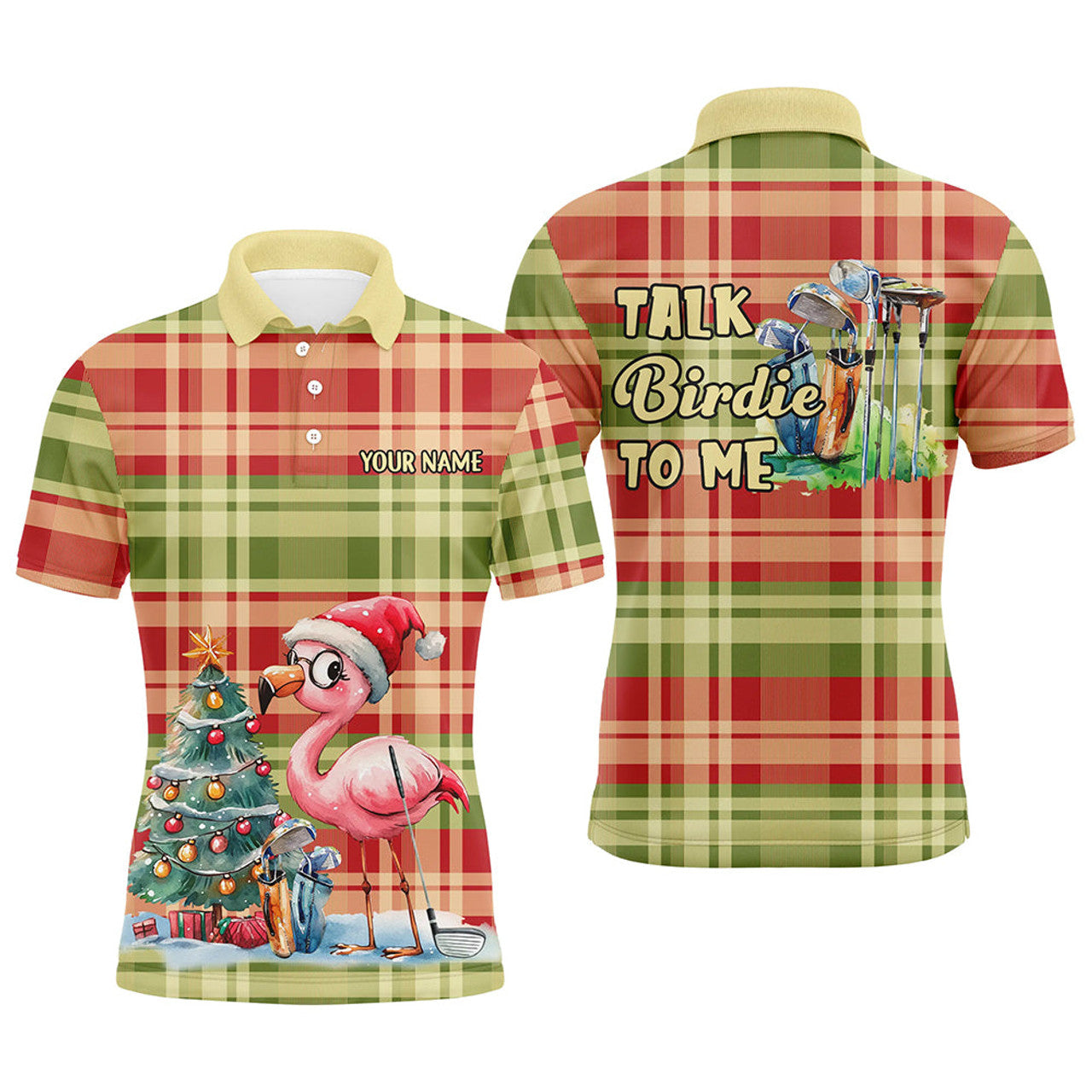 Talk Birdie To Me Custom Flamingo Plaid Christmas Golf Men's Polo Shirt S-5XL