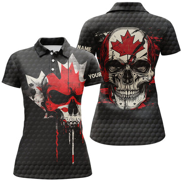 Custom Canadian Flag Skull Golf Attire Black Women's Polo Shirts S-5XL