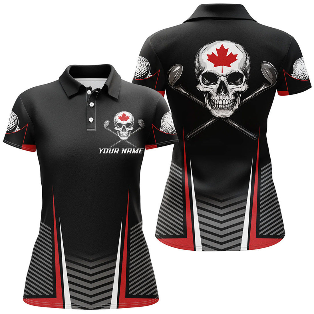 Custom Canadian Flag Skull Black Red Patriotic Golf Women's Polo Shirts S-5XL
