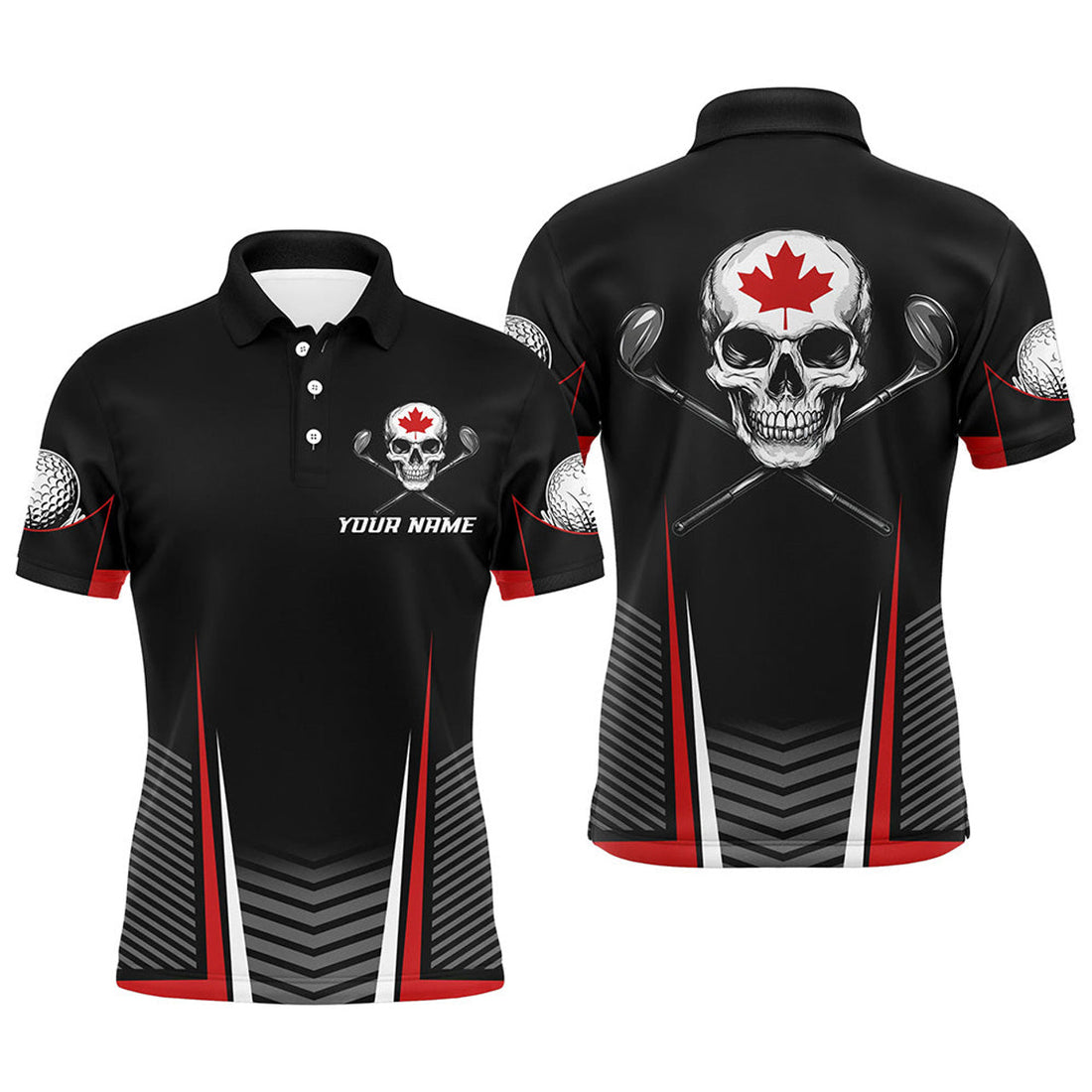 Custom Black Red Canadian Flag Skull Golf Team Men's Polo Shirt S-5XL