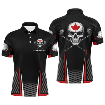 Custom Black Red Canadian Flag Skull Golf Team Men's Polo Shirt S-5XL