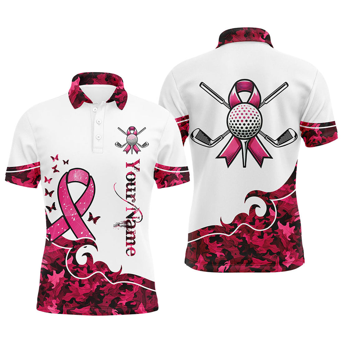 Custom White and Pink Camo Ribbons Men's Golf Polo Shirts Men's Polo Shirt S-5XL