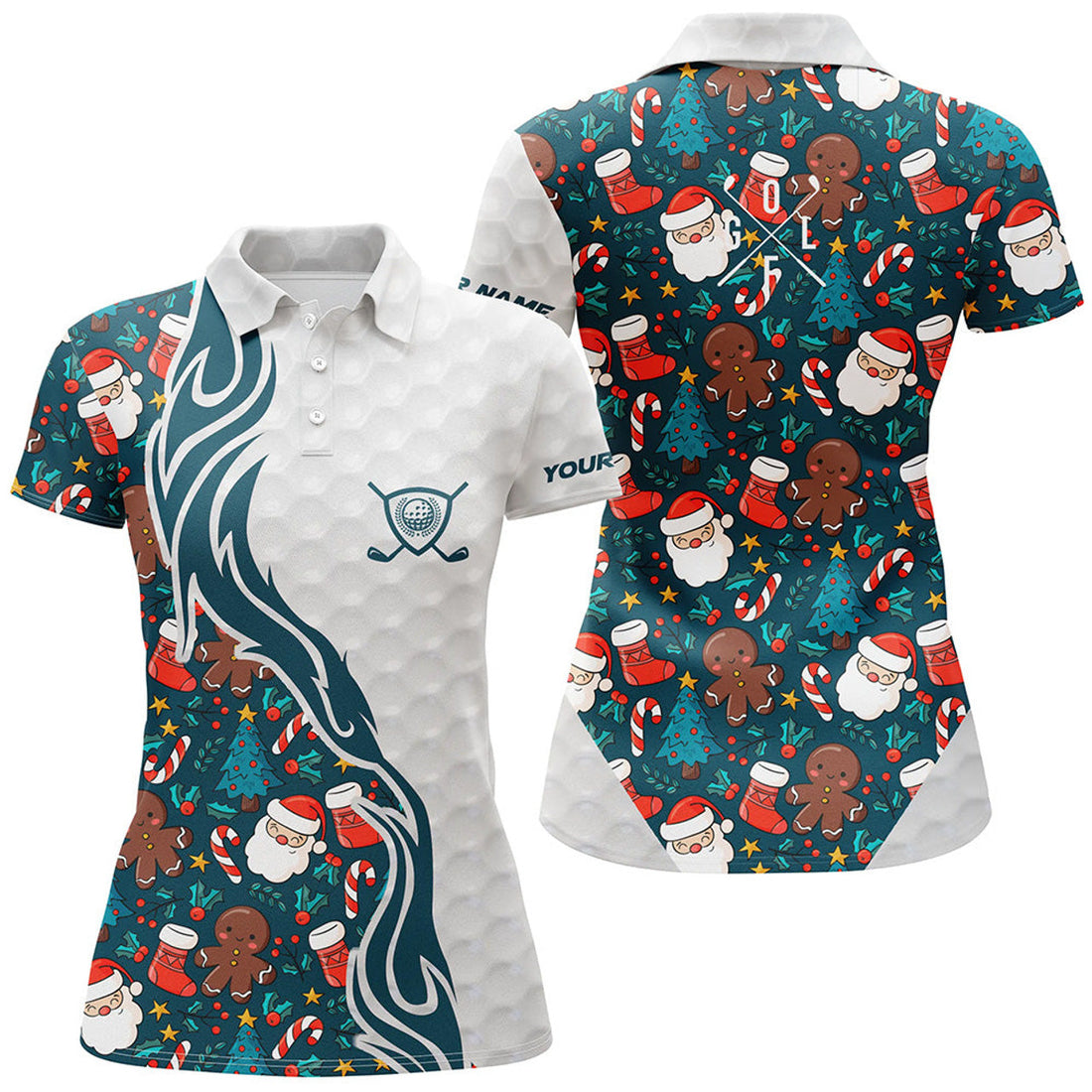 Custom Funny Christmas Golf Ball and Clubs Design Women's Polo Shirts S-5XL