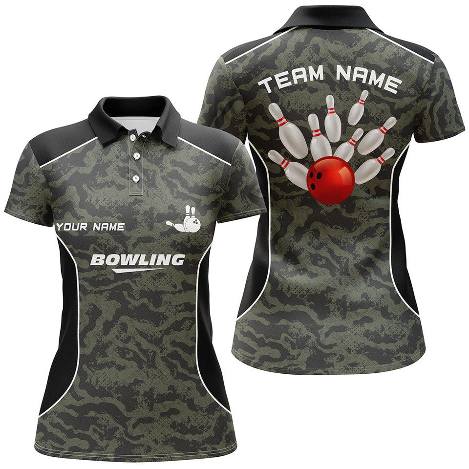 Custom Bowling Ball And Pins Camo Team Shirt For Women's Polo Shirts S-5XL