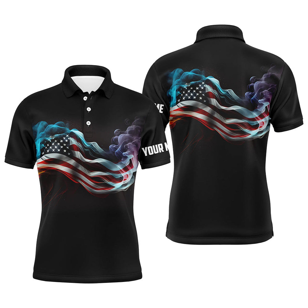 Custom Smoke American Flag Patriotic Black Golf Tops Men's Polo Shirt S-5XL