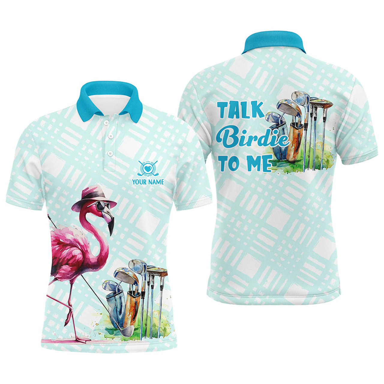 Custom Golf Pink Flamingo Blue Pattern Talk Birdie to Me Men's Polo Shirt S-5XL