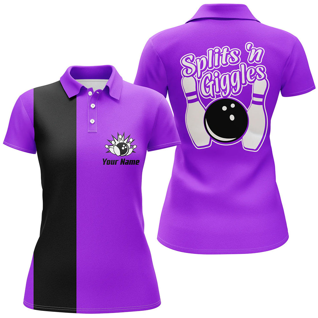 Custom Purple Retro Bowling Shirt Splits N Giggles Design Women's Polo Shirts S-5XL