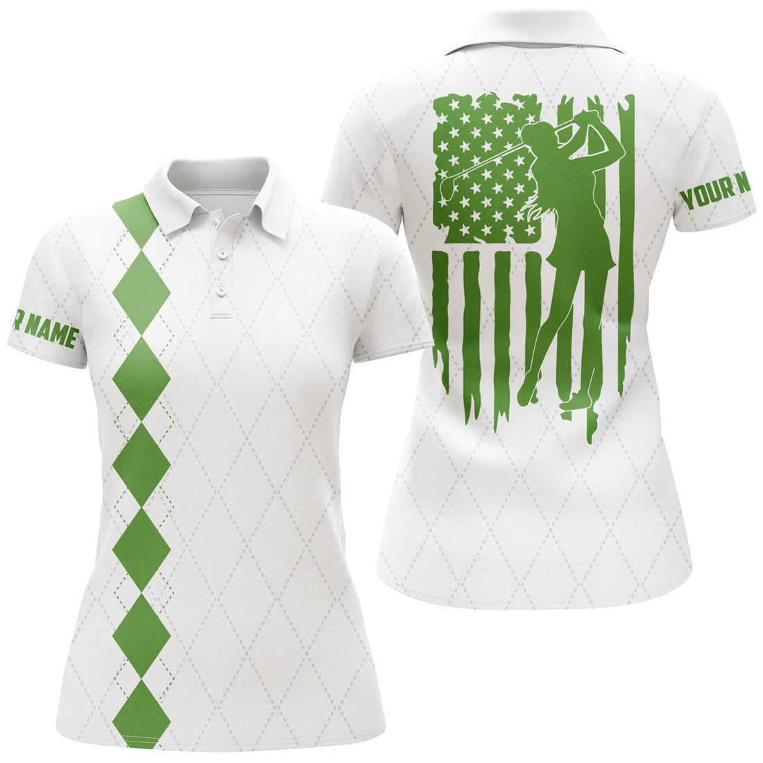 Custom Name Women's Golf Polo Shirt Green American Flag Women's Polo Shirts S-5XL