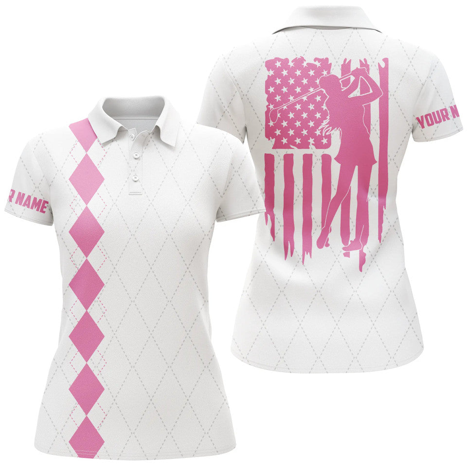 Custom Name Women's Golf Polo Shirt Pink American Flag Women's Polo Shirts S-5XL