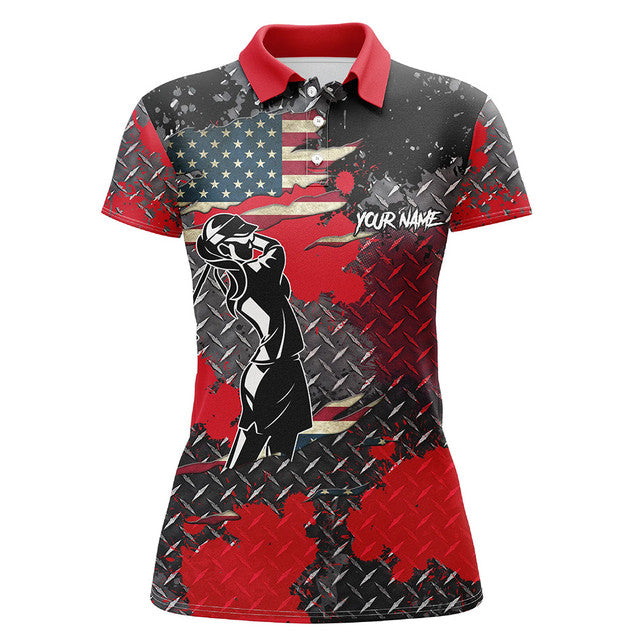 Custom Patriotic American Flag Red Metal Golf for Ladies Women's Polo Shirts S-5XL