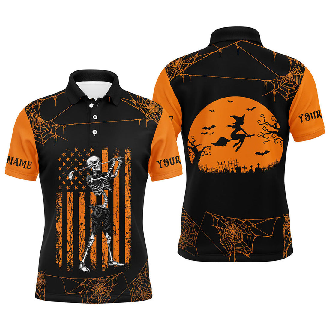 Custom Black Orange American Flag Golf Halloween Skull Men's Polo Shirt S-5XL