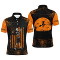 Custom Black Orange American Flag Golf Halloween Skull Men's Polo Shirt S-5XL