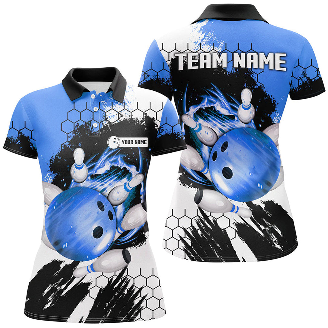 Custom Blue Flame Bowling Shirt With Ball And Pins Women's Polo Shirts S-5XL