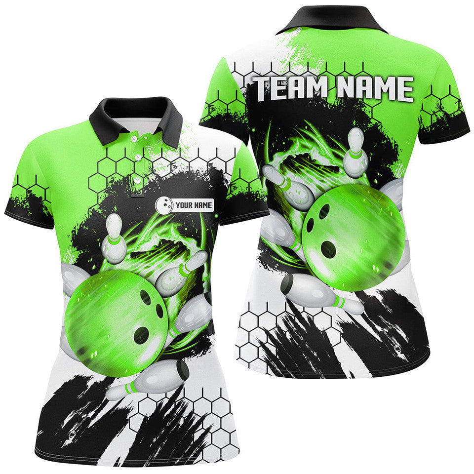 Custom Green Flame Bowling Team Shirt With Ball And Pins Women's Polo Shirts S-5XL