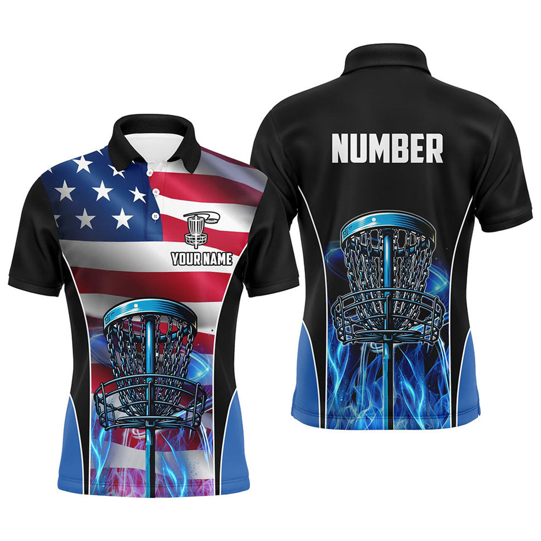 Custom American Flag Disc Golf Basket Patriotic Blue Fire Men's Polo Shirt S-5XL