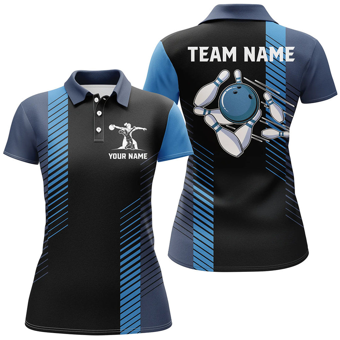 Custom black and blue team bowling shirt for Women's Polo Shirts S-5XL