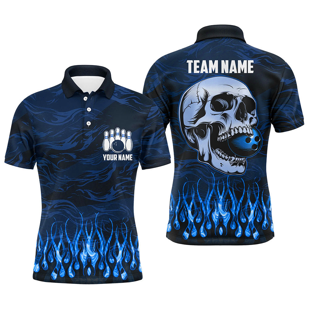 Custom Blue Camo Flame Skull Quarter Zip Bowling Polo Shirt Men's S-5XL