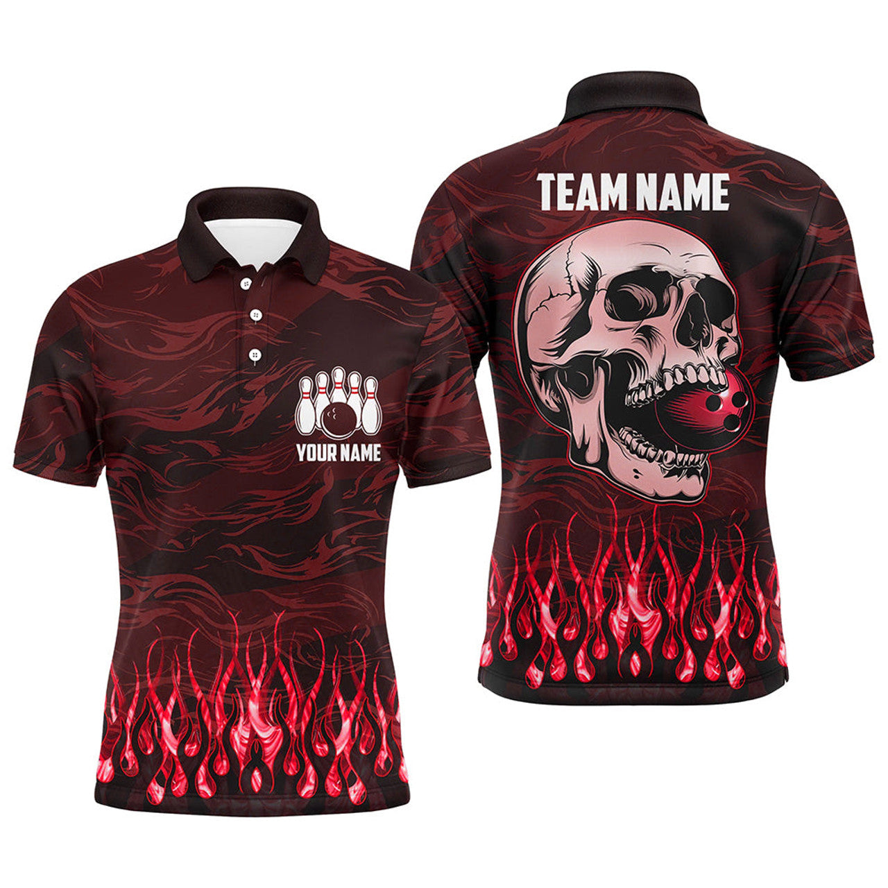 Custom Red Camo Flame Skull Bowling Team Quarter Zip Men's Polo Shirt S-5XL