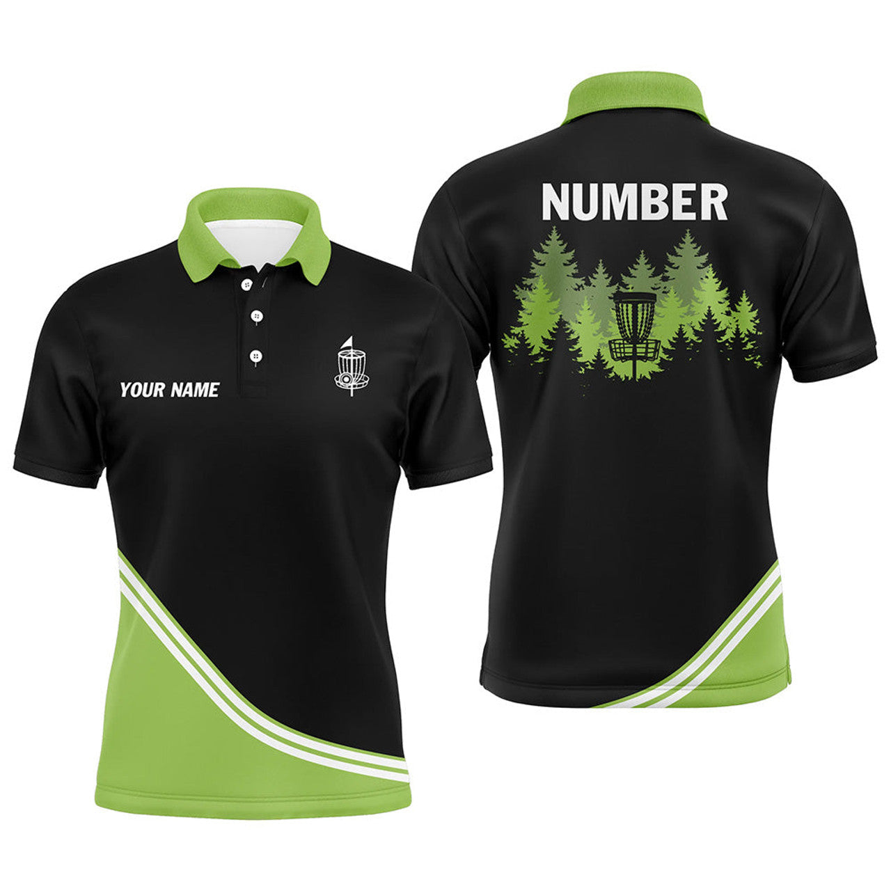 Black and Green Disc Golf Basket in Forest Custom Men's Polo Shirt S-5XL