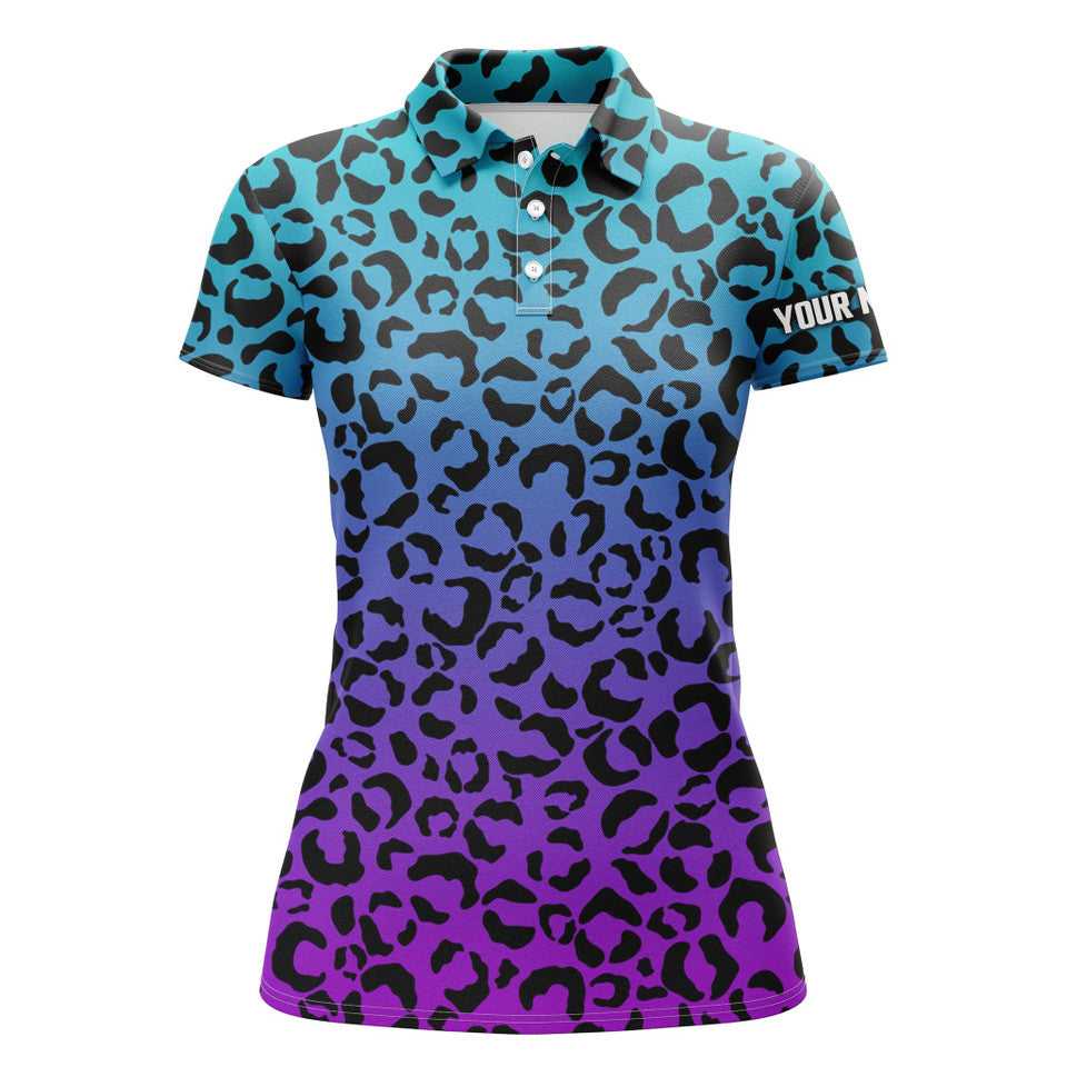 Custom Name Blue Purple Neon Leopard Pattern Golf Shirt Women's Polo Shirts S-5XL