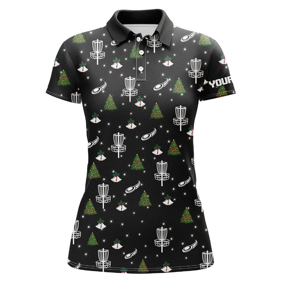 Custom Black Christmas Disc Golf Shirt with Frisbee Pattern Women's Polo Shirts S-5XL