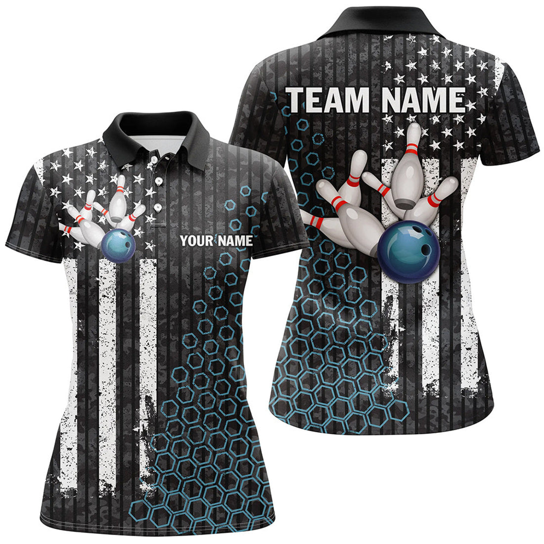 Custom Name Black White American Flag Camo Bowling Team Women's Polo Shirts S-5XL